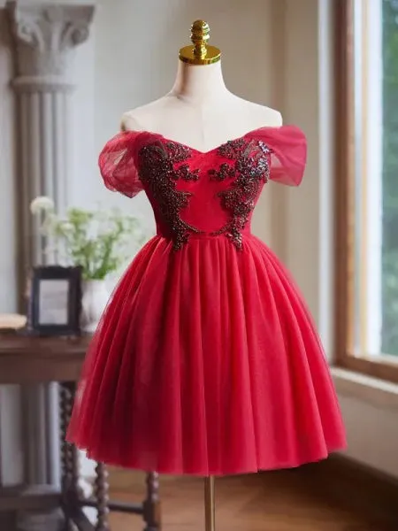 Lovely Red Short Prom Dress Off-the-shoulder Homecoming Dresses Cocktail Dress #TKL2008