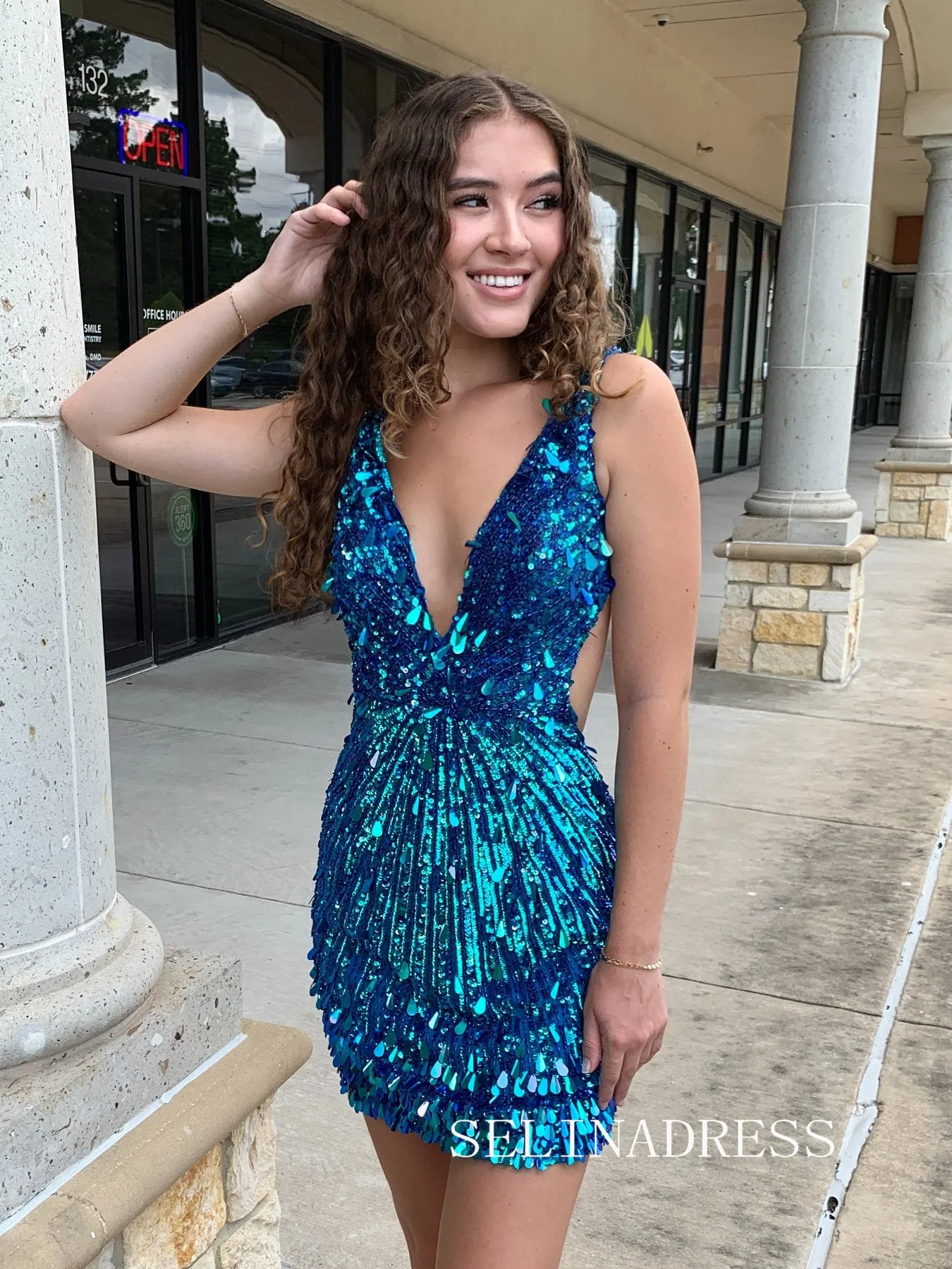 Lovely V neck Short Homecoming Dresses Blue Sequins Hoco Dress Cocktail Dress #TKL2001
