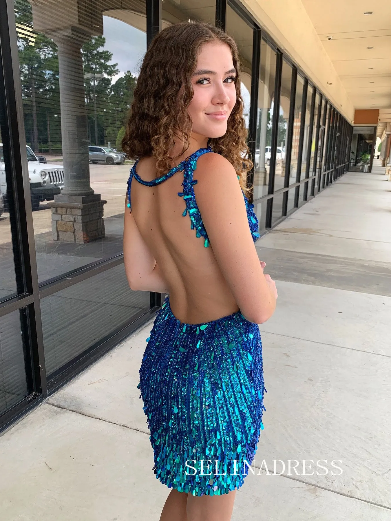 Lovely V neck Short Homecoming Dresses Blue Sequins Hoco Dress Cocktail Dress #TKL2001