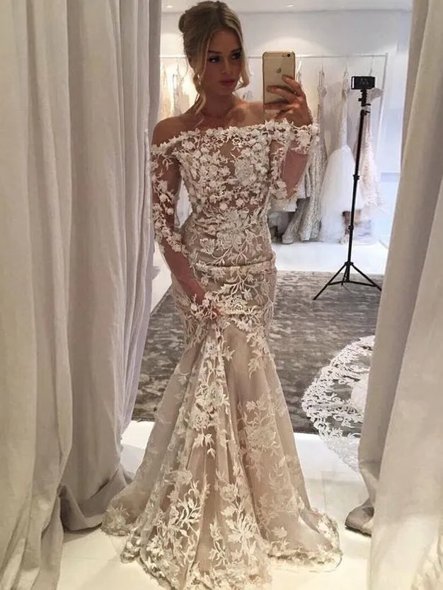 Mermaid Off-the-shoulder 3D Lace Long Prom Dresses Beautiful Evening Dress MHL163