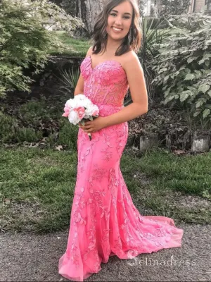 Mermaid Strapless Applique Long Prom Dresses Watermelon Evening Dress CBD535