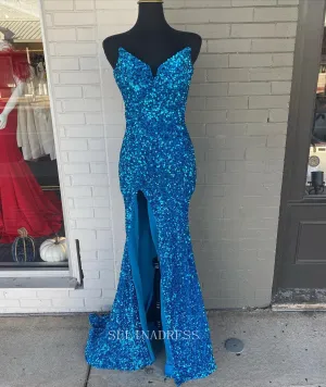 Mermaid V neck Blue Sparkly Prom Dress Sequins Long Formal Dresses KPY053
