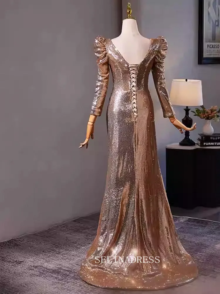 Mermaid V neck Long Sleeve Beautiful Evening Dress Formal Dresses TKL3057