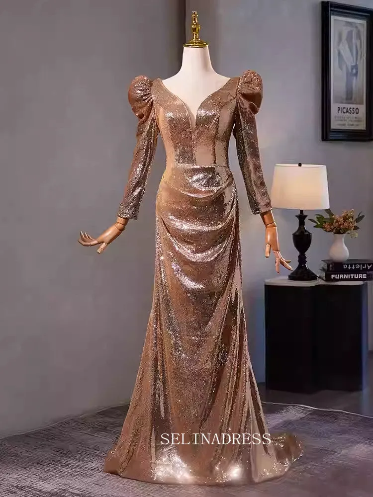 Mermaid V neck Long Sleeve Beautiful Evening Dress Formal Dresses TKL3057