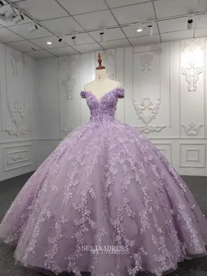 Off-the-shoulder 3D Floral Lace Long Formal Dress Lilac Quinceanera Ball Gown Evening Dresses MLH06986