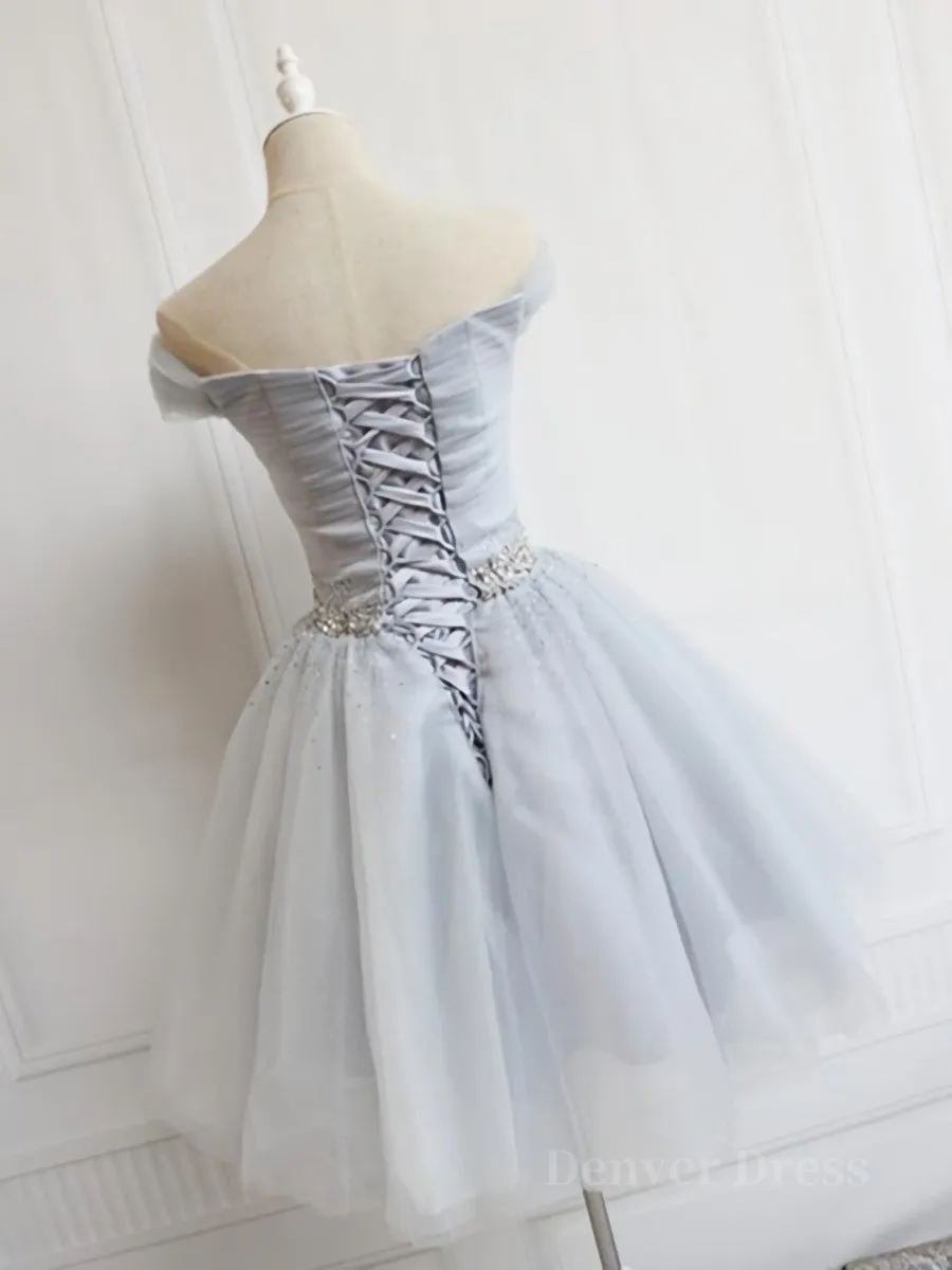 Off the Shoulder Short Gray Prom Dresses with Coset Back Short Beaded Gray Graduation Homecoming Dresses
