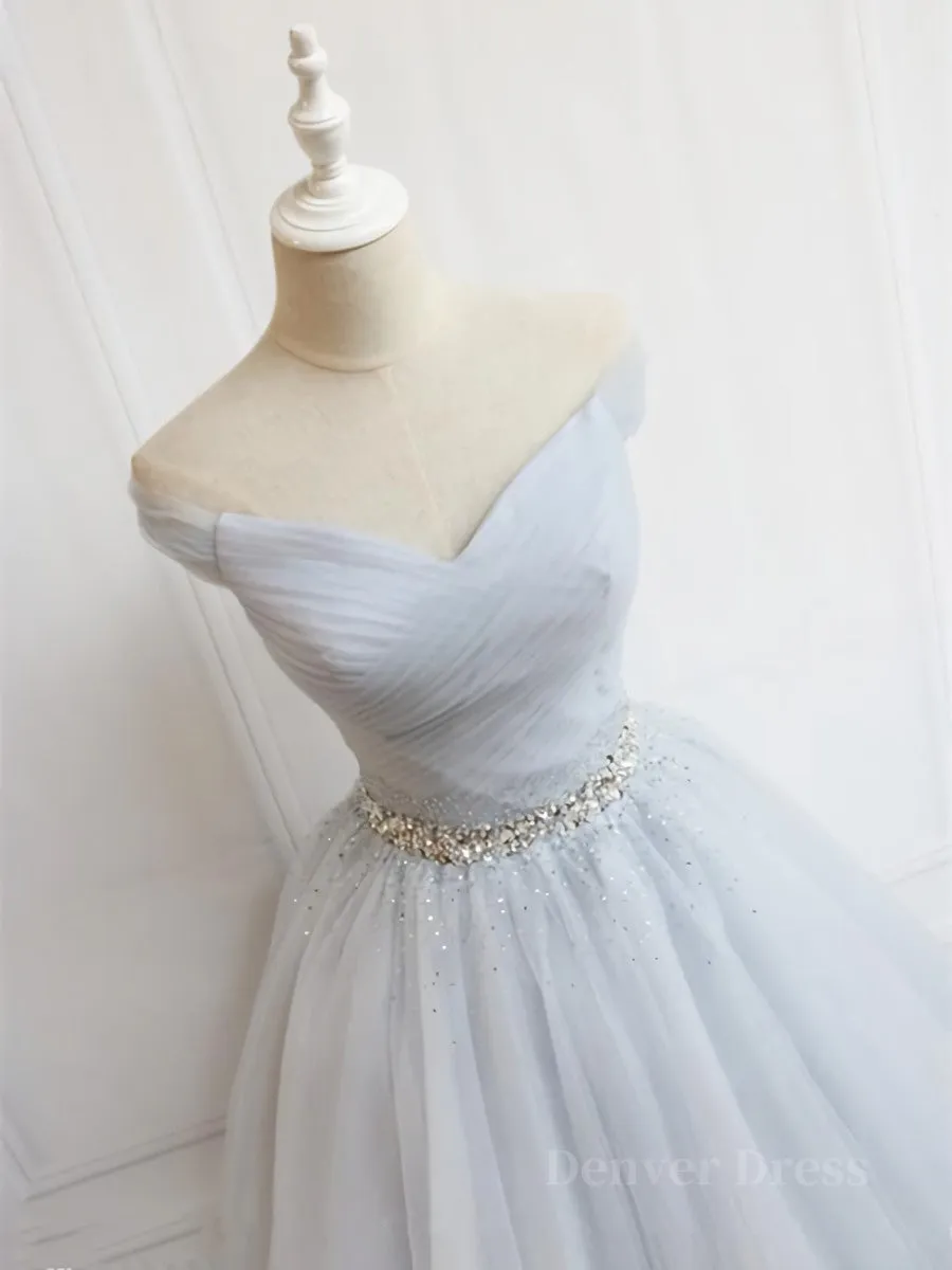 Off the Shoulder Short Gray Prom Dresses with Coset Back Short Beaded Gray Graduation Homecoming Dresses