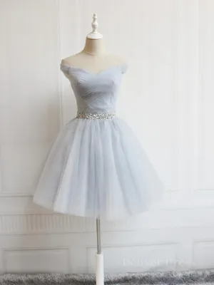 Off the Shoulder Short Gray Prom Dresses with Coset Back Short Beaded Gray Graduation Homecoming Dresses