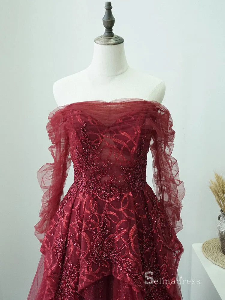 Selinadress Burgundy Long Sleeve Long Prom Dress Formal Evening Gowns SC084