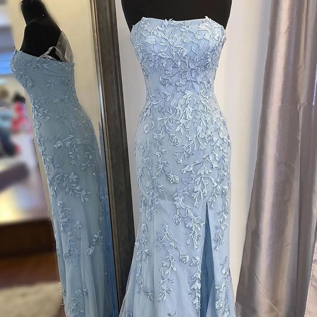 Sheath/Column Strapless Modest Cheap Long Prom Dresses Applique Evening Dress SEL518