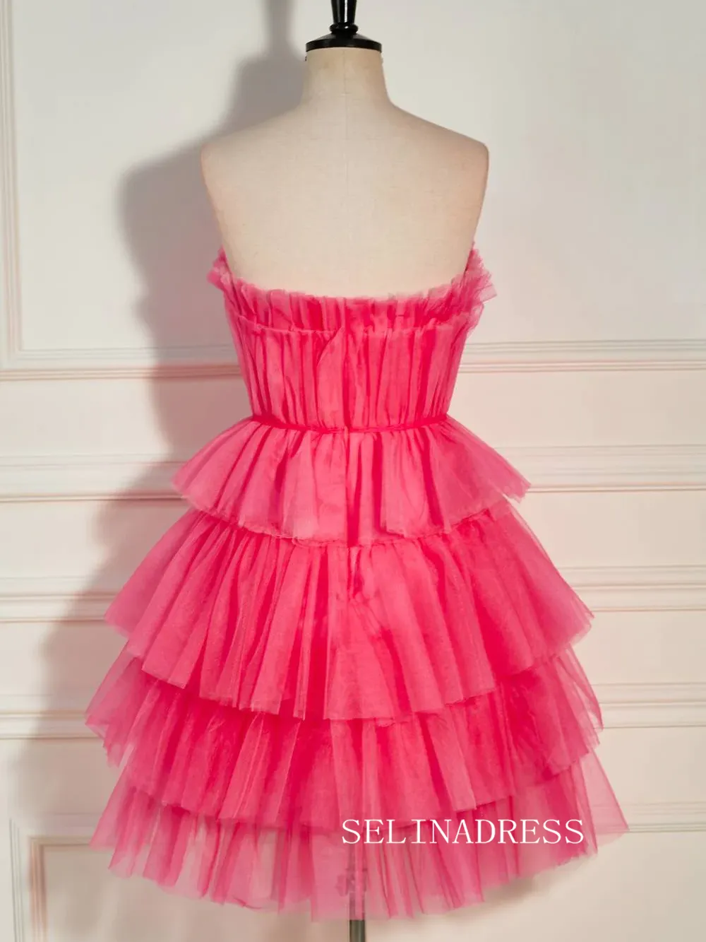 Strapless Ruffles Tiered Tulle Watermelon Homecoming Dress Short Party Dress SEA003