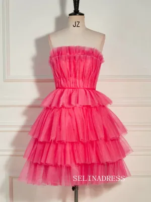 Strapless Ruffles Tiered Tulle Watermelon Homecoming Dress Short Party Dress SEA003