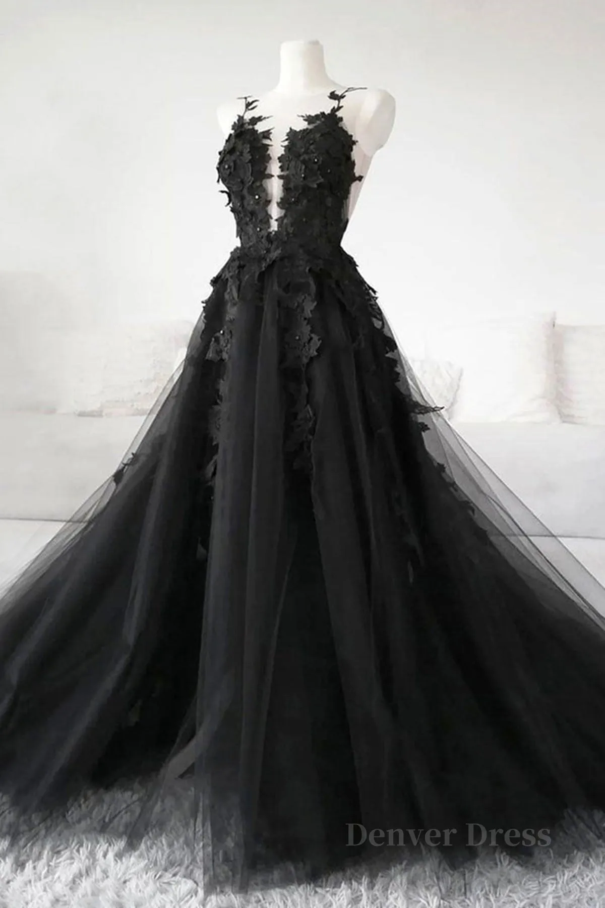 V Neck Open Back Black Tulle Lace Floral Long Prom Dresses Black Lace Formal Evening Dresses with Appliques