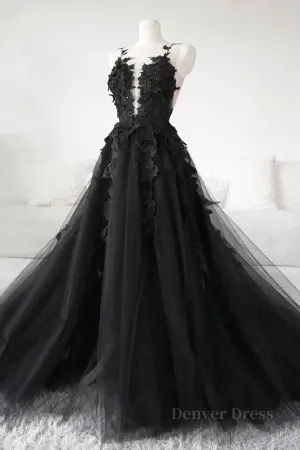V Neck Open Back Black Tulle Lace Floral Long Prom Dresses Black Lace Formal Evening Dresses with Appliques
